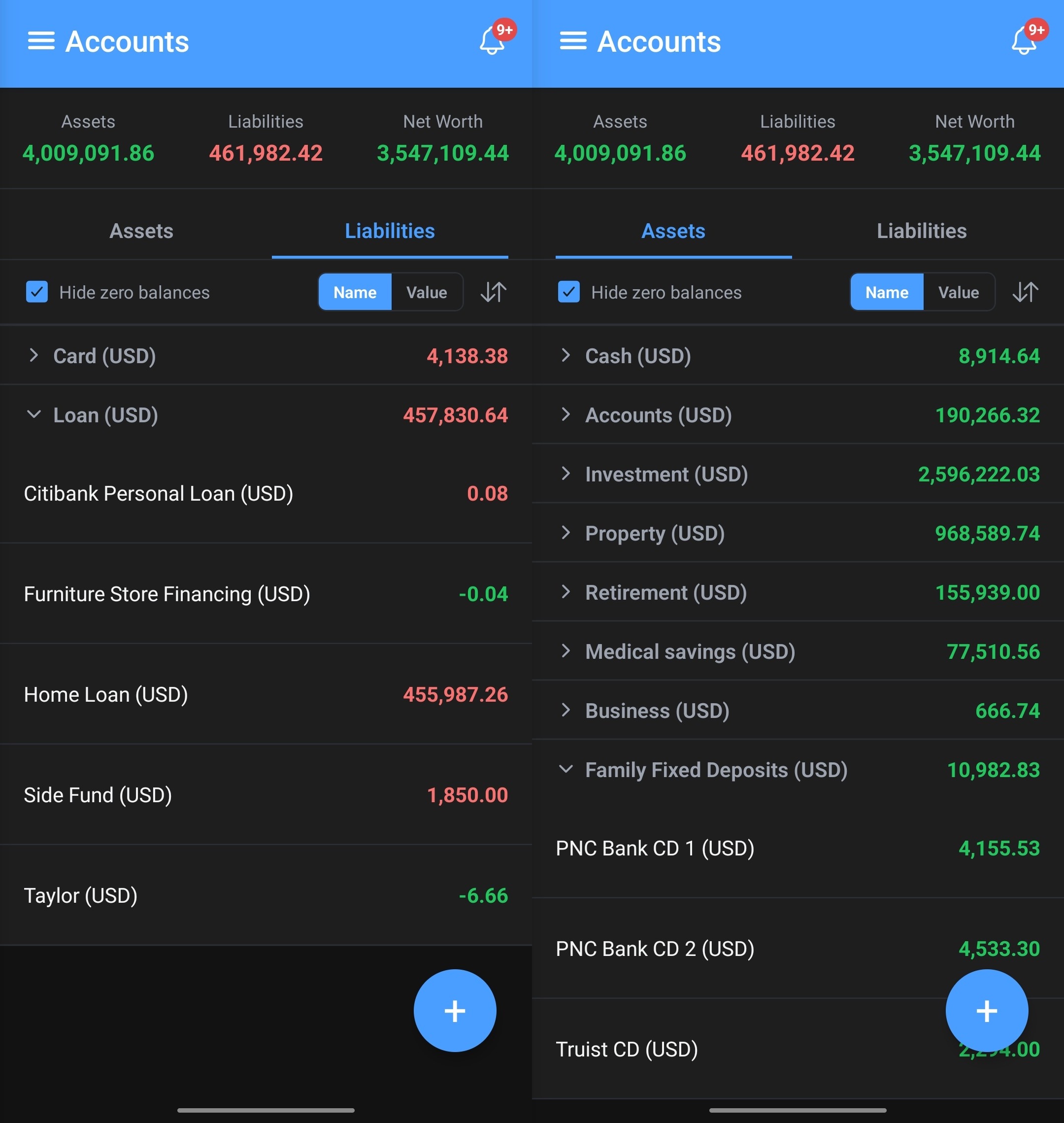 Accounts screen — grouped, Assets/Liabilities tabs