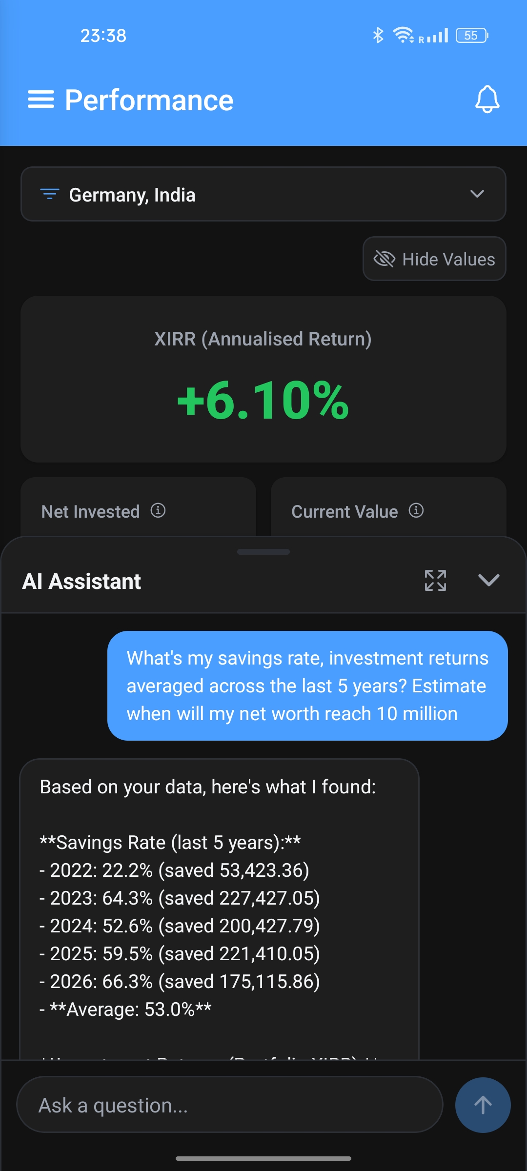 AI Assistant chat — a question about savings rate, investment returns, and a net worth projection