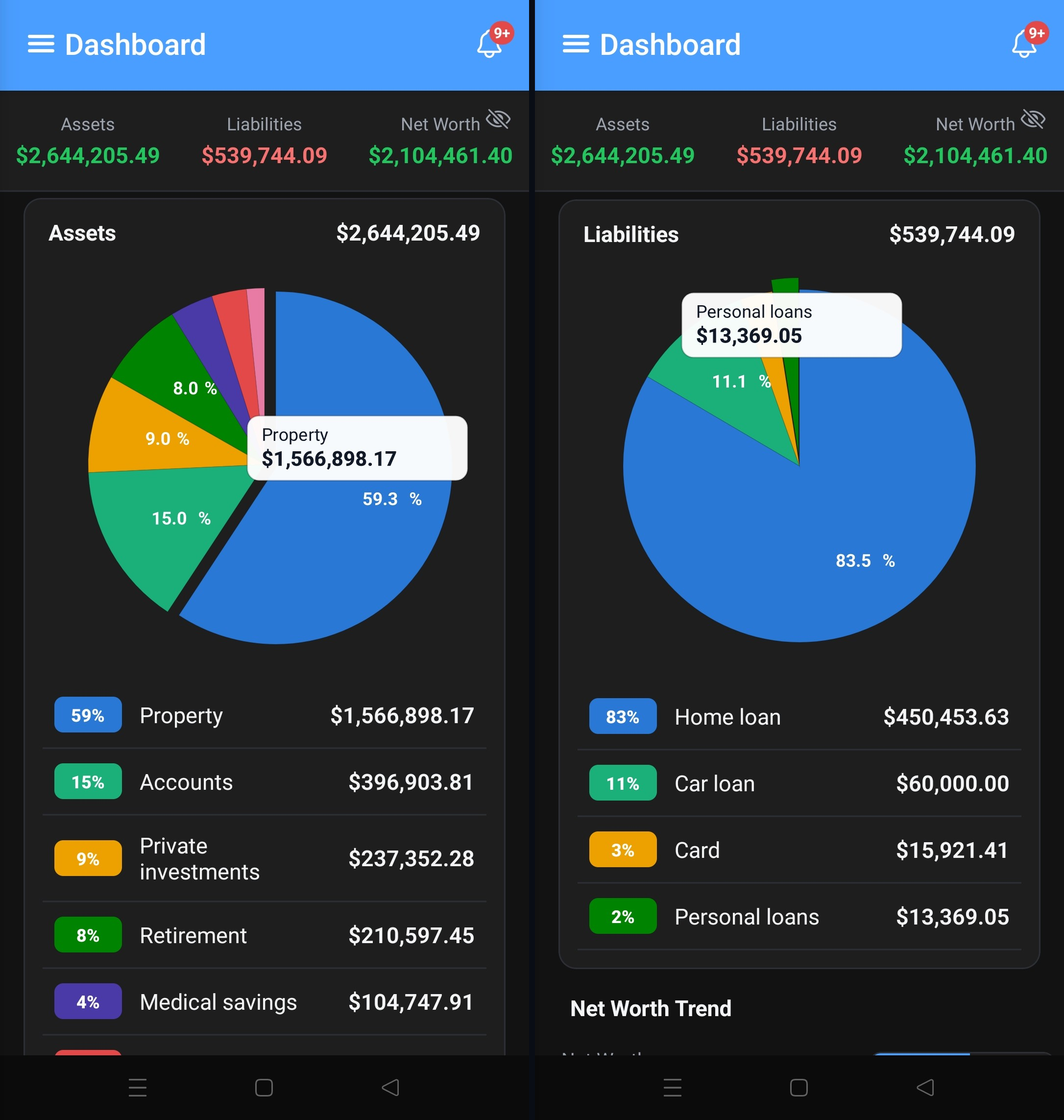 Networth pie charts for assets and liabilities