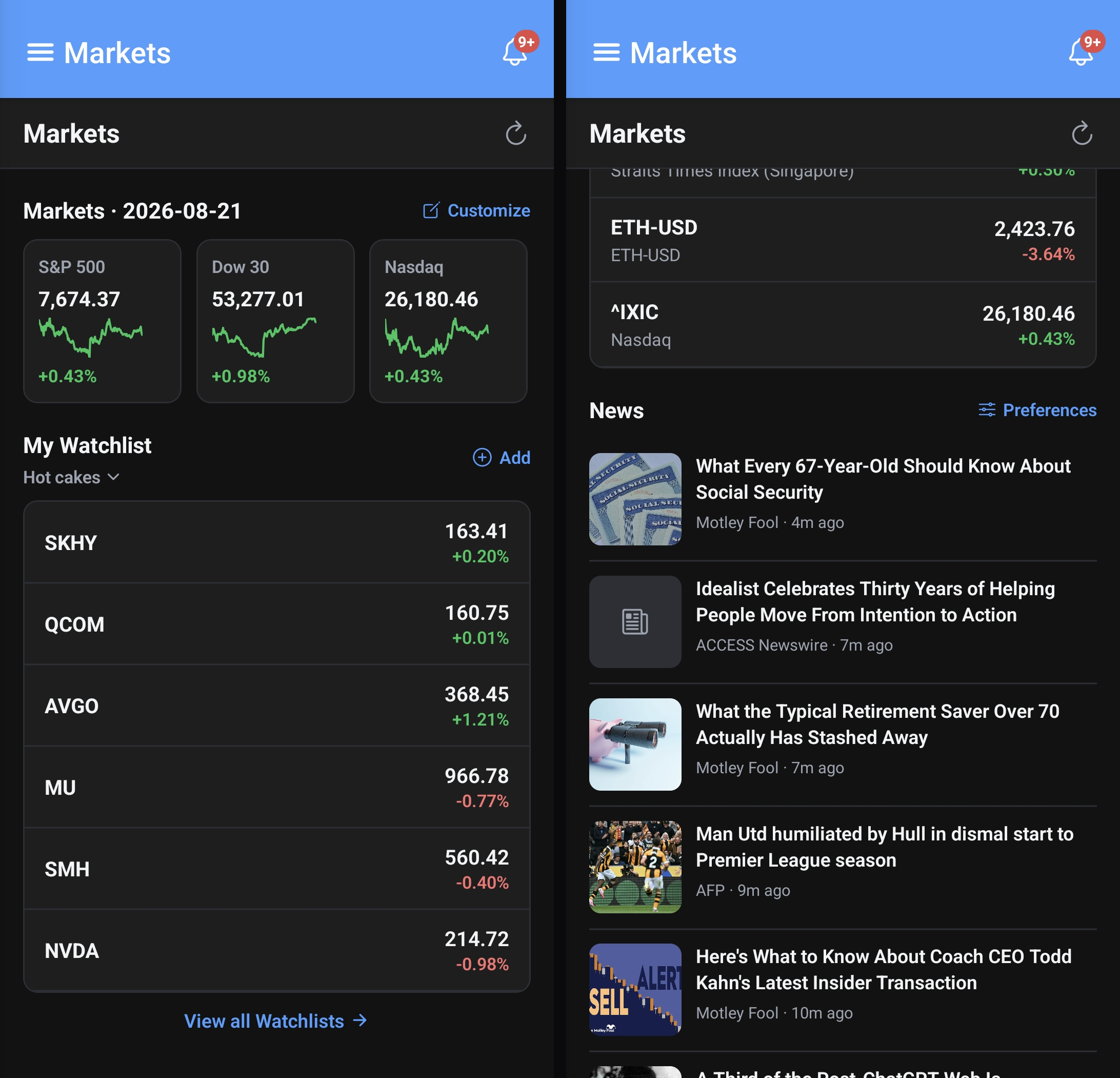 Markets screen — customizable indices/futures/commodities strip, watchlist, and a news feed sourced from your holdings