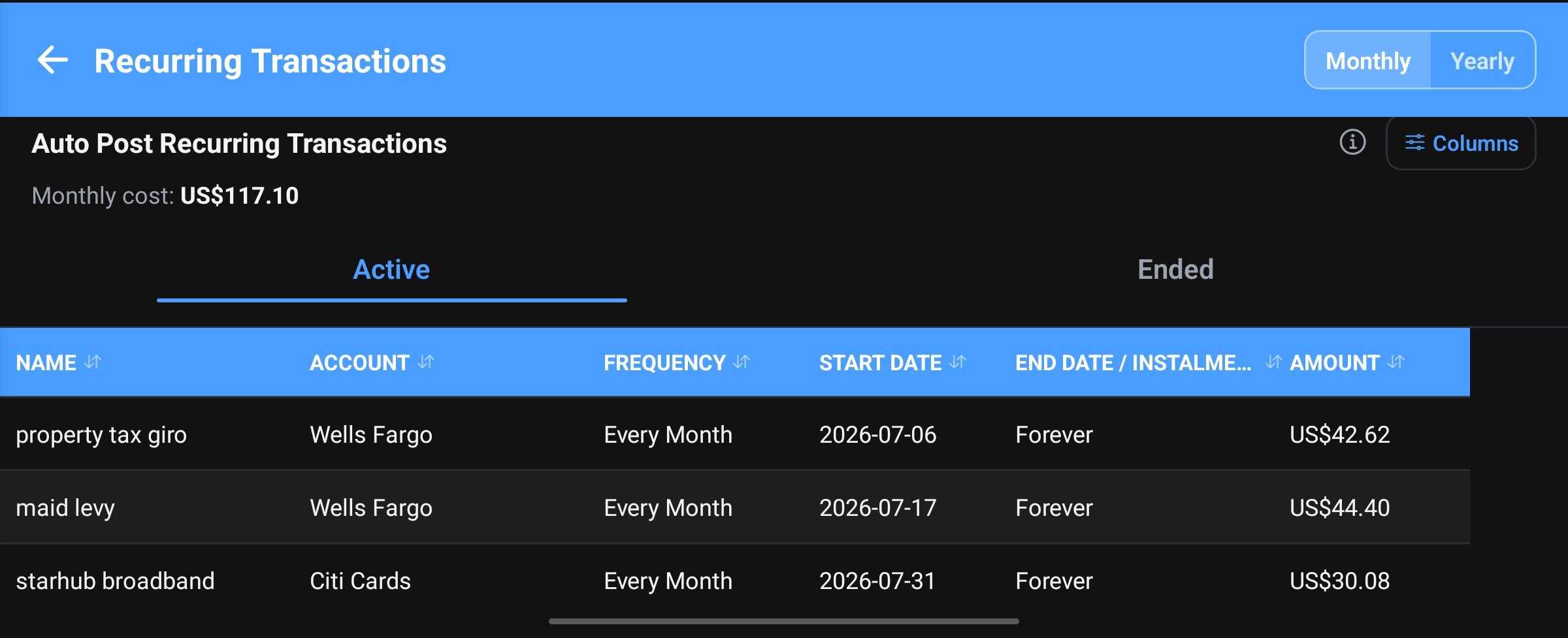 Repeats screen — recurring transactions and running total