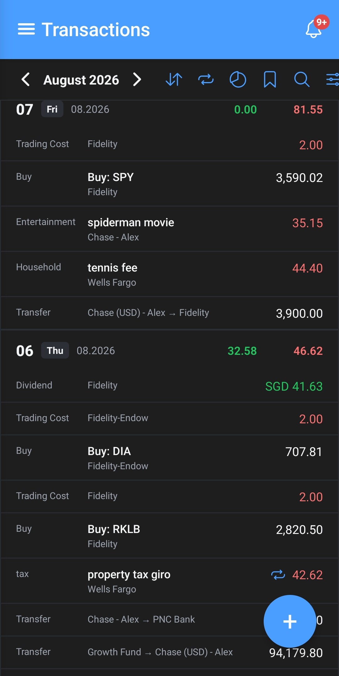 Finances transactions list — a trade or dividend from Investments sitting alongside everyday expenses